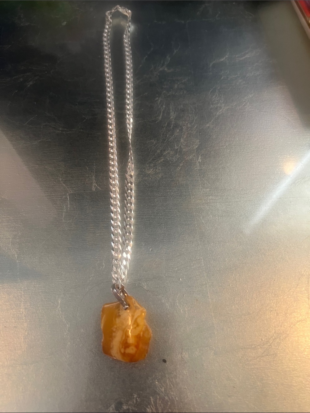 Sterling Silver Chain Necklace with butterscotch Amber Stone Pendant